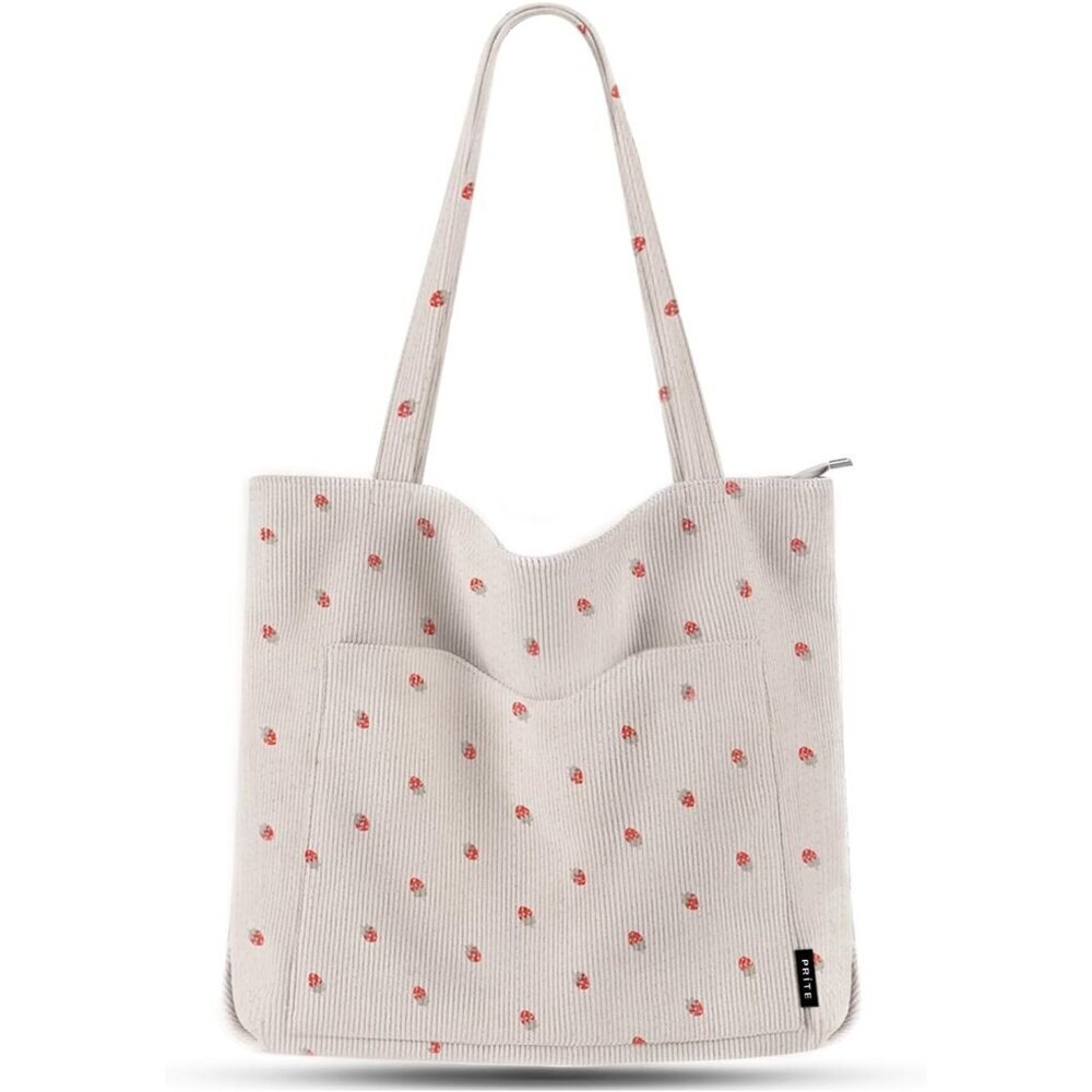 Women Strawberry Beige Corduroy Polyester Lining Large Shoulder Bag with Zipper
